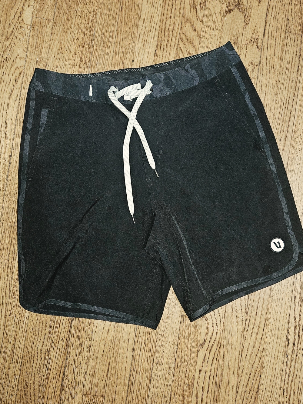 Vuori Black Swim Trunks with Gray Camo Trim